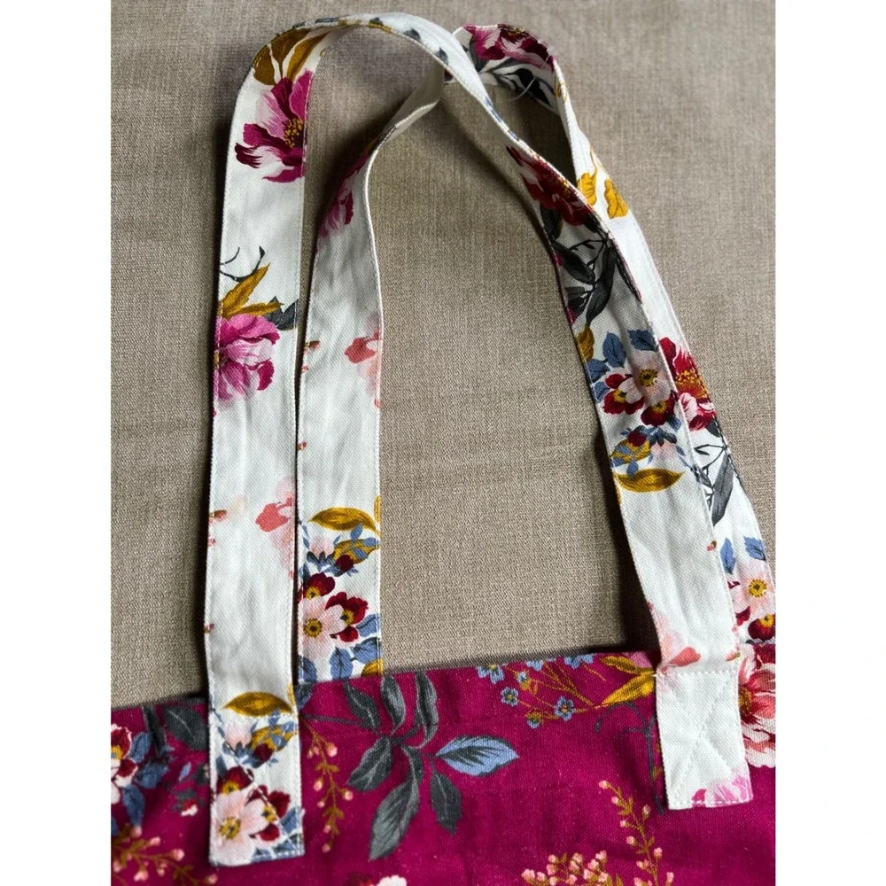 Loft Floral Canvas Tote Bag Magenta Burgundy Flower Print Shopper Handbag